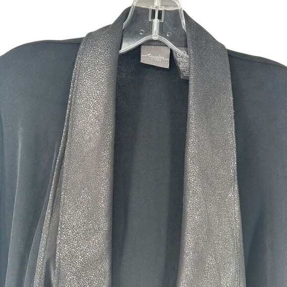 Chicos Travelers Jacket Black Faux Leather Draped Open Front 00 US XS 3/4 Sleeve - Picture 4 of 12